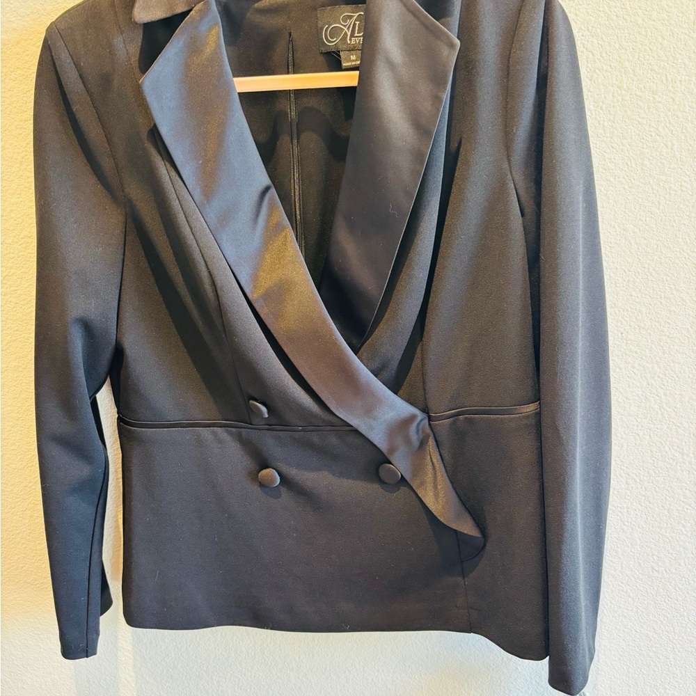 Alex Evenings Black Satin-Trim Double-Breasted Blazer